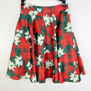 Modcloth Christmas Skirt Size Small Satin Poinsettia Red Green Holiday Party